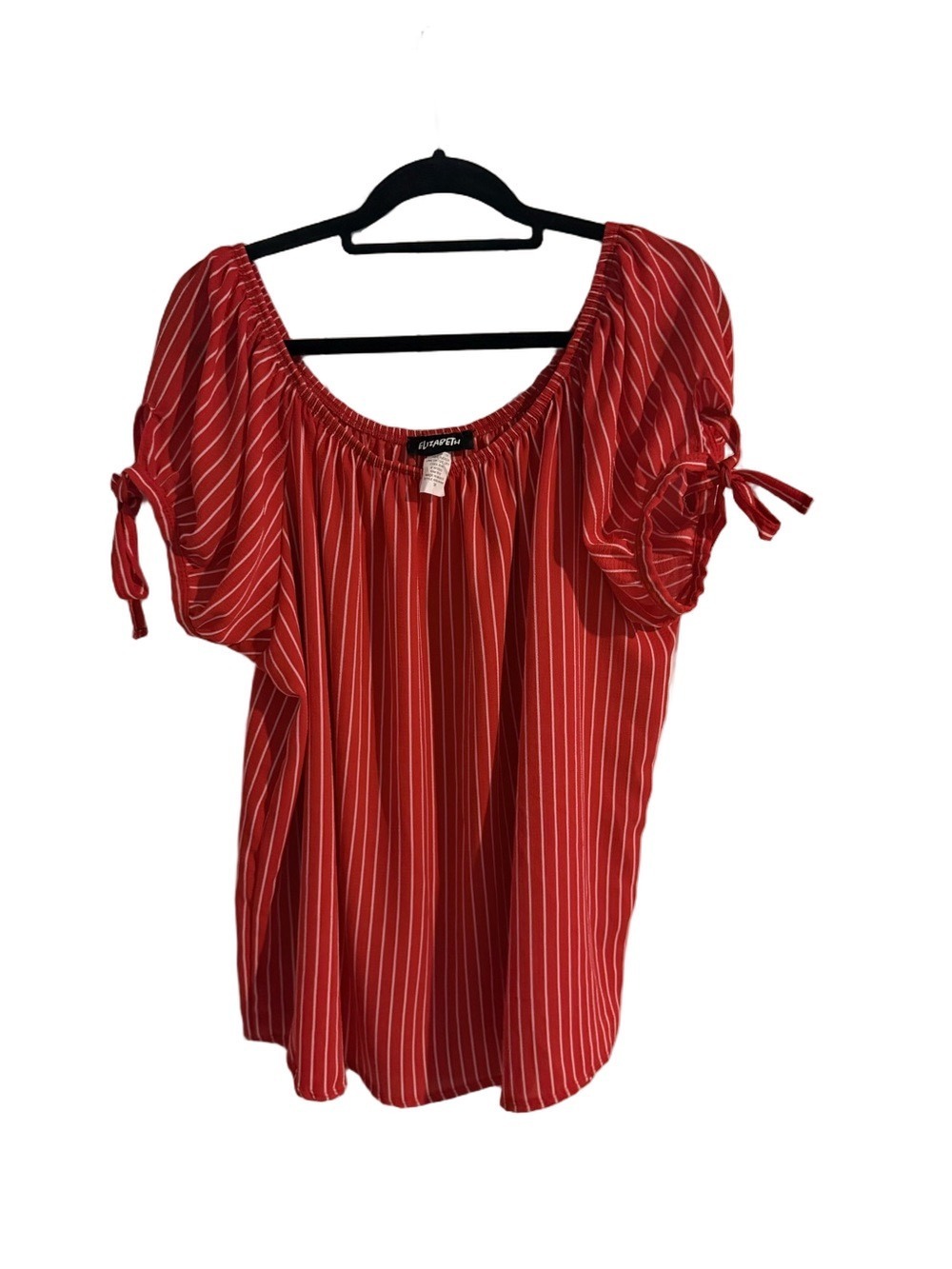 Elizabeth Women’s 3X Red White Striped Peasant Blouse Puff Sleeve Tie Detail